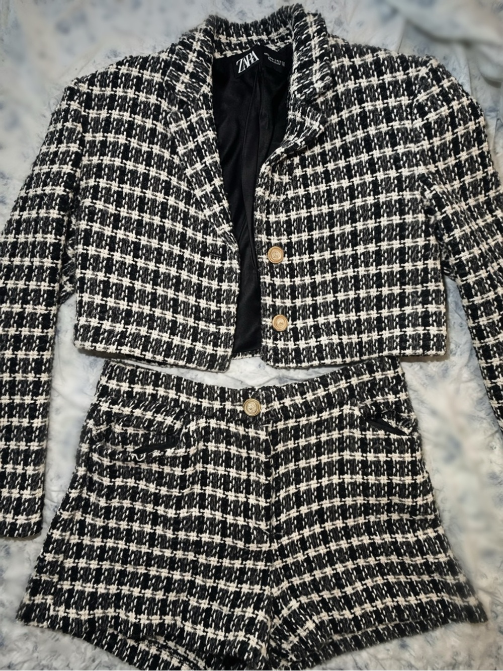 Zara Black & White Tweed Cropped Blazer and Shorts Set